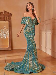 Faeriesty Off Shoulder Puff Sleeve Mermaid Hem Sequin Formal Dress - Dark Green - View 4