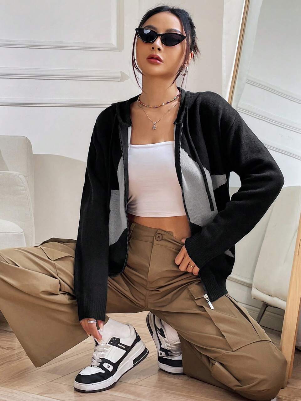 Colorblock Zip Up Drawstring Hooded Cardigan Fall Cloth For Women