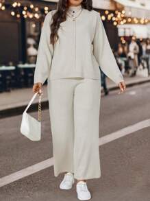 Calvaya 冬季必备的落肩开衫和针织裤 - 灰色 - 查看 1