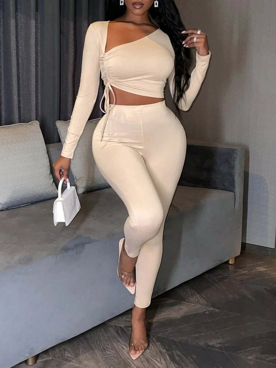 BamGleam Asymmetrical Neck Drawstring Side Crop Tee & Leggings Fall Cloth For Women - Khaki - View 1