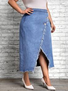 SHEIN LUNE 大碼前紐扣毛邊緣圍裹下擺牛仔半身裙 - 淺色水洗藍 - 查看 4