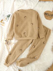 Tween Boy Bear Embroidery Flannel PJ Set - Brown - View 2