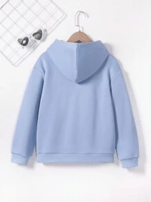 SHEIN Tween Girl Heart Print Kangaroo Pocket Hooded Sweatshirt - Baby Blue - View 2