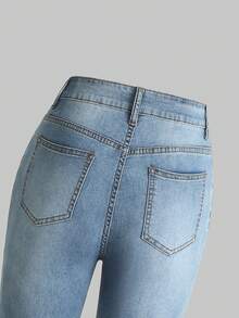 少女破洞牛仔褲 - 中等水洗藍 - 查看 4