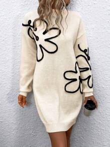 Chiquease Floral Pattern Drop Shoulder Sweater Dress - Beige - View 1