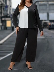 EMERY ROSE Plus Two Tone Top & Wide Leg Pants - Black and White - View 5