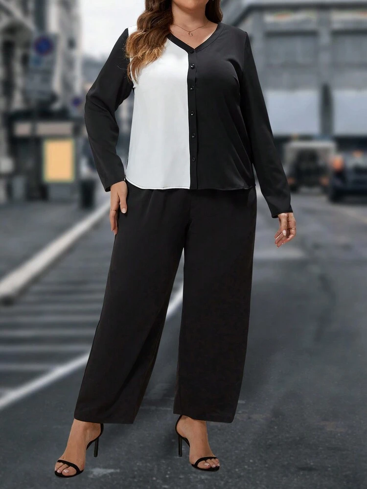 Plus Two Tone Top & Wide Leg Pants