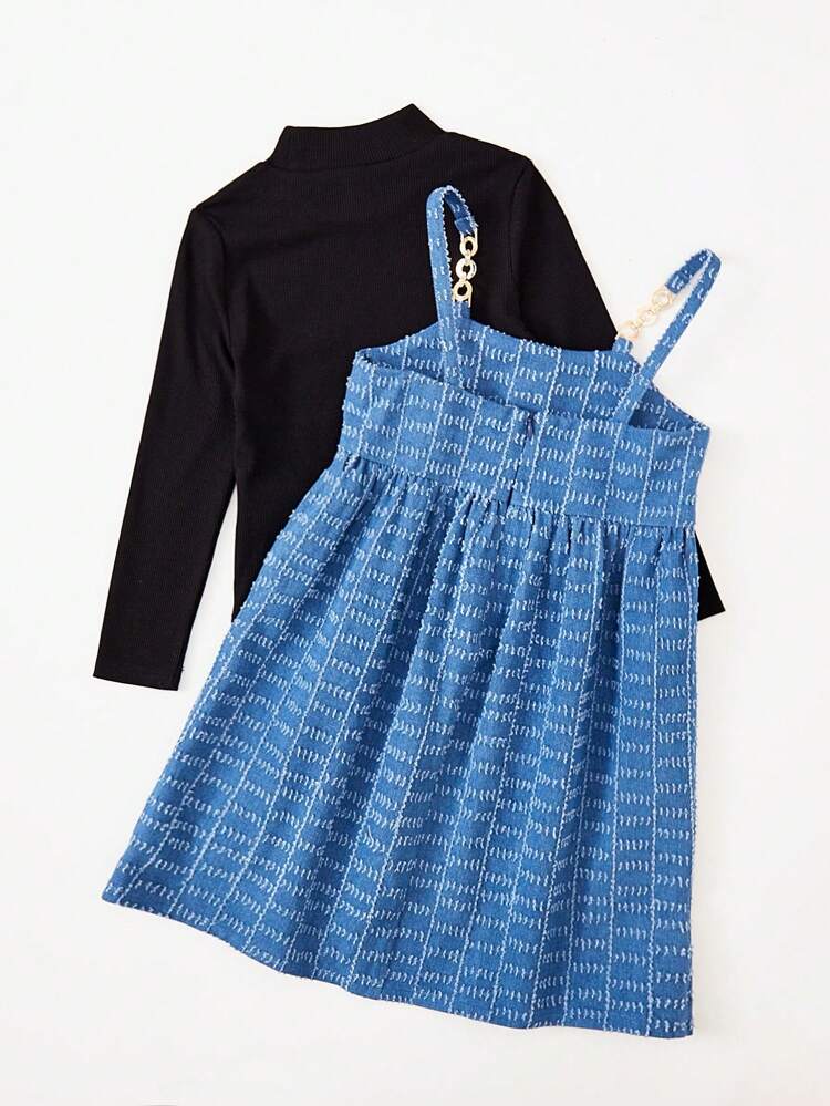 Young Girl Mock Neck Tee & Chain Detail Cami Denim Dress
