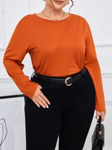 SHEIN Essnce Talla grande Camiseta unicolor con costura detalle - Marrón - Ver 1