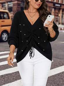 Calvaya Plus Pearls Beaded Drawstring Front Drop Shoulder Sweater - Black - View 5