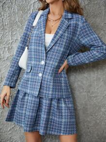 RueChic Women's Plaid Notch Collar Coat And Mini Skirt Suit - Multicolor - View 5