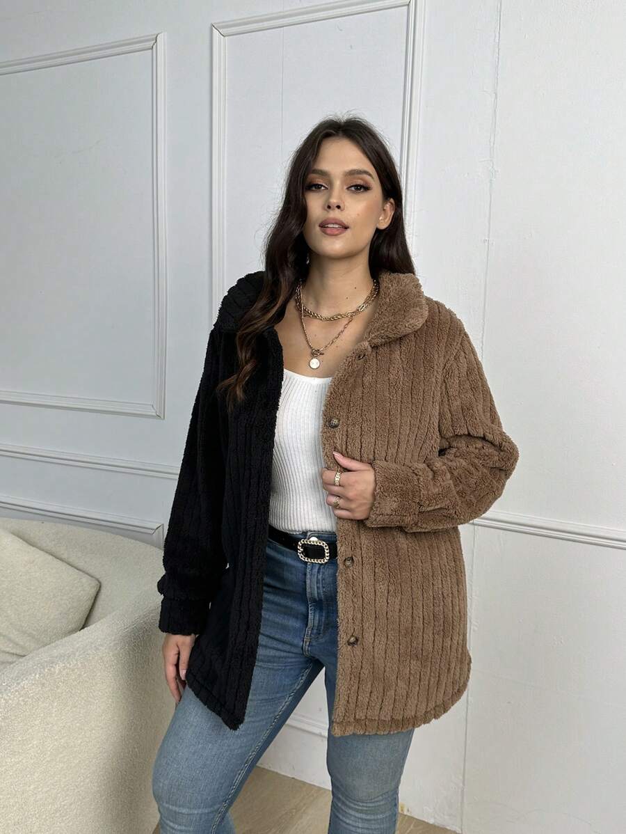 SHEIN LUNE Plus Two Tone Drop Shoulder Teddy Coat