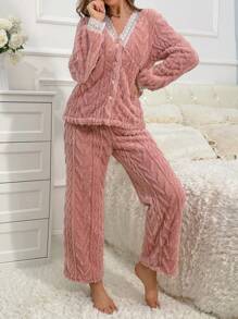 Contrast Lace Trim Flannelette PJ Set - Pink - View 6