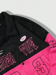 ROMWE MEN Street Life 字母印花拼色男士夾克 - 玫紅色 - 查看 7