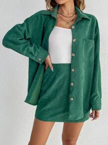 SHEIN Tall 落肩袖口袋貼布燈芯絨大衣&半身裙 - 墨綠色 - 查看 3