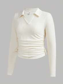 SHEIN 少女編織純色肋領褶皺長袖休閒T卹 - 米色 - 查看 5