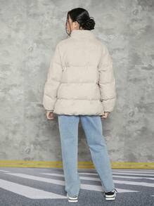 少女刺绣字母图案拉链夹棉大衣 - 杏色 - 查看 2