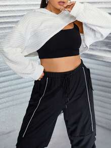 Celure Plus Size Drop Shoulder Super Crop Sweatshirt Without Cami Top - White - View 4