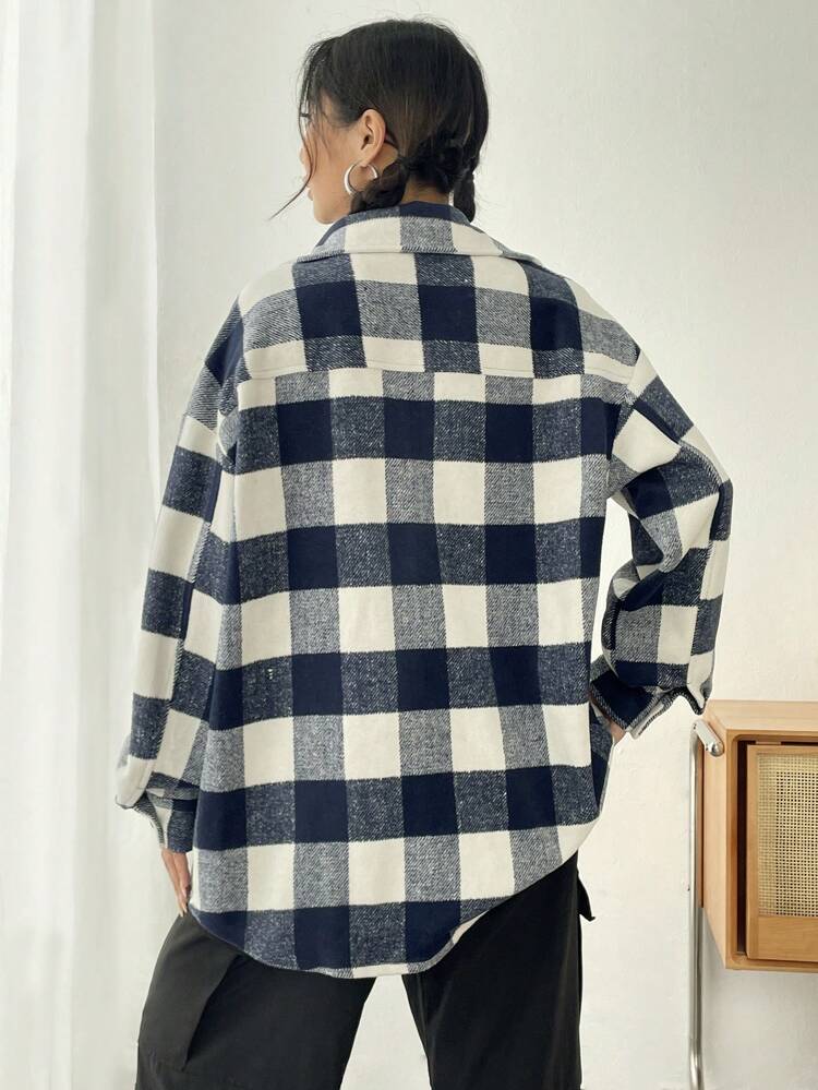 Buffalo Plaid Print Drop Shoulder Flap Pocket Overcoat