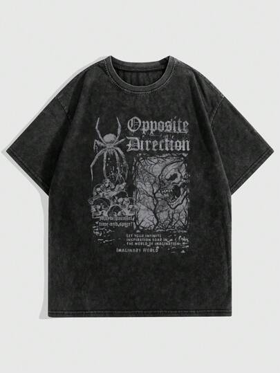 Grunge Punk Skull & Slogan Graphic Tee Opposite Direction Print, For School