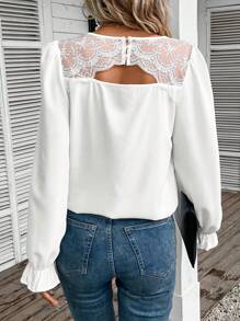 SHEIN Frenchy 蕾絲拼接後鏤空貝殼邊喇叭袖襯衫
