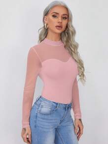 SHEIN Privé Ách lưới Cổ giả Thon gọn Áo - Bụi hồng - Xem 3