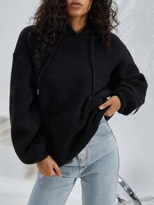 SHEIN EZwear 袋鼠口袋落肩袖3D耳朵設計抽繩毛絨帽衫 - 黑色 - 查看 3