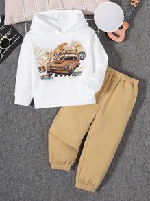 SHEIN 男小童汽車和字母圖案連帽衫和運動褲 - 黑色 - 查看 1
