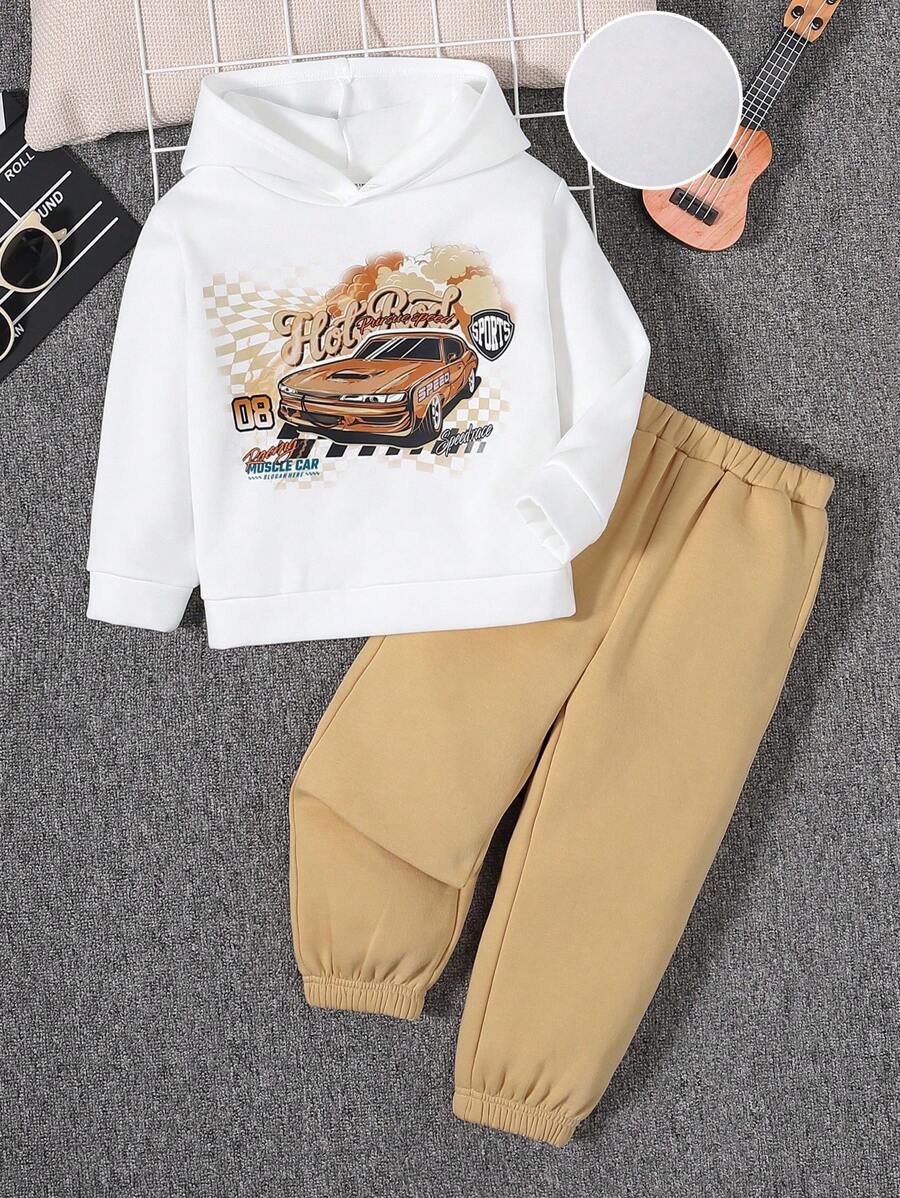 SHEIN 男小童汽車和字母圖案連帽衫和運動褲 - 黑色 - 查看 1