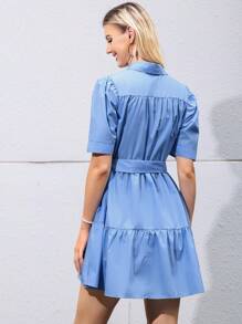 Aveloria Modichic 泡泡袖荷叶边下摆系带衬衫裙女士优雅连衣裙