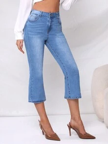 SHEIN Privé Jeans de talle alto pierna amplia capri - Azul lavado medio - Ver 4