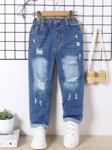 Cô Gái Trẻ Rửa thuốc tẩy Rách Frayed Quần legging thẳng - Rửa tối - Xem 1