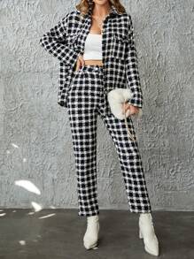 SHEIN Cottnline 格紋印花落肩袖襯衫和褲子 - 黑與白 - 查看 2
