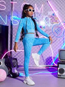 SHEIN 女大童滿版印花拉鏈開襟收復運動夾克&緊身打底褲 - 淺藍色 - 查看 3