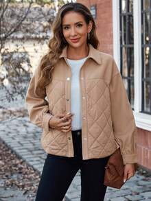 SHEIN LUNE Thả vai Cúc bấm Áo khoác Quilted - Màu be - Xem 6