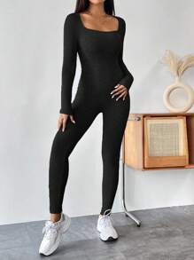 SHEIN PETITE 素色大圓領彈力緊身連體褲 - 黑色 - 查看 4