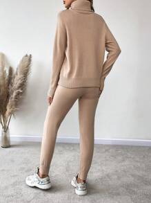 SHEIN LUNE Turtleneck Drop Shoulder Sweater & Knit Pants - Apricot - View 2