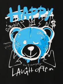 GENTILAND Men Bear & Letter Graphic Drawstring Hoodie - Black - View 4