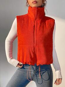 SHEIN Essnce 抽绳下摆拉链背心加厚棉服外套衣服冬季 - 亮橙色 - 查看 4