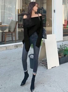 DAZY Solid Foldover Bardot Sweater Off Shoulder Sweater,Fall Women Clothes - Black - View 4