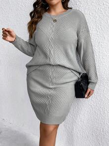 SHEIN LUNE 大碼麻花編織落肩袖毛衣和針織裙 - 深灰色 - 查看 4