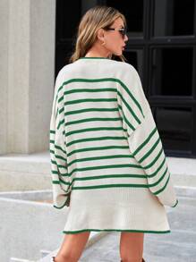 SHEIN Cottnline Suéter De Rayas Para Mujer Con Hombros Caídos - Verde - Ver 2