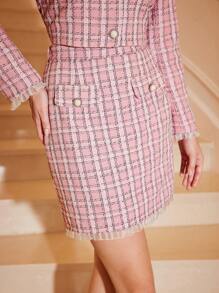 SHEIN DECDS 格紋圖案毛邊緣粗花呢半身裙 - 彩色 - 查看 1