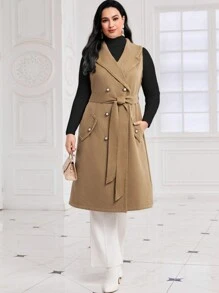 Modelyn Plus Double Breasted Belted Vest Overcoat - Khaki - View 1