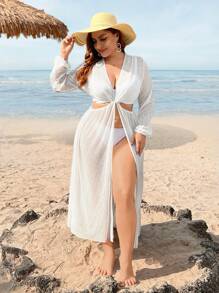 SHEIN Swim Curve Plus Cut Out Waist Tie Front Kimono - White - View 4