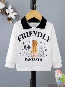 Baby Boy Dog & Letter Graphic Contrast Collar Sweatshirt - Multicolor - View 1