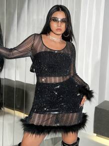 SHEIN ICON Talla grande Vestido ribete lanudo de malla sin set de lencería - Negro - Ver 3