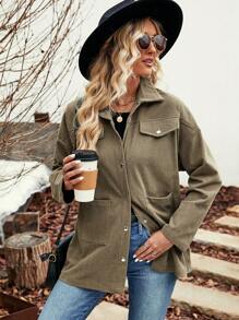 SHEIN LUNE Thả vai Túi có nắp Áo khoác vải nhung - xanh quân đội - Xem 3