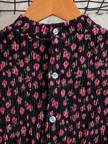 SHEIN 女童丝绒褶皱印花高领中长连衣裙，秋冬款 - 黑色 - 查看 6