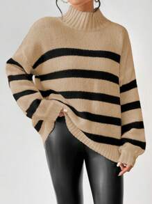 SHEIN LUNE Striped Pattern Mock Neck Drop Shoulder Sweater Knit Pullover Fall Winter Outfit - Khaki - View 4